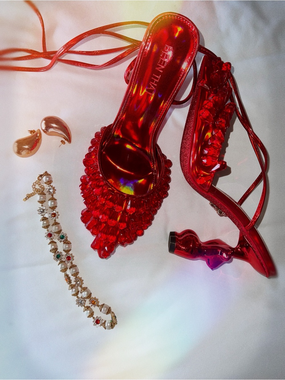 Red High-Heel Strappy Sandals with Decorative Detail - Women